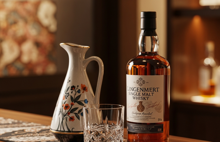 A premium bottle of single malt whisky and a traditional ceramic jug representing local rice wine, displayed together on a modern Malaysian bar to show the blend of imported and local alcohol culture.