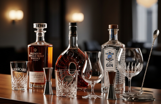 A sophisticated bar counter setup with a variety of premium spirits and corresponding crystal glassware, prepared for a professional tasting and celebration toast for 2026.
