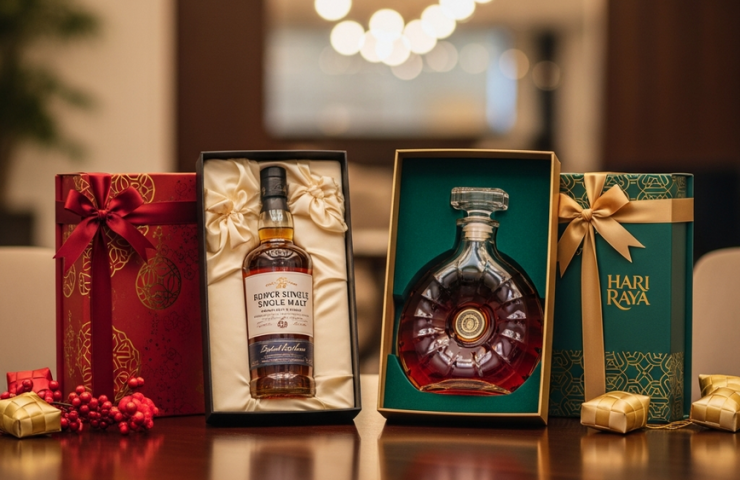 A sophisticated display of premium corporate alcohol gift sets, including whisky and cognac, elegantly arranged for Malaysian festivals like CNY and Hari Raya.