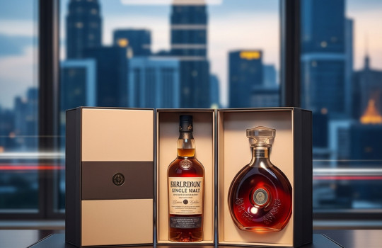 An elegant corporate gift set with premium whisky and cognac bottles on an executive desk, symbolizing same-day corporate gift delivery in Kuala Lumpur, Malaysia.