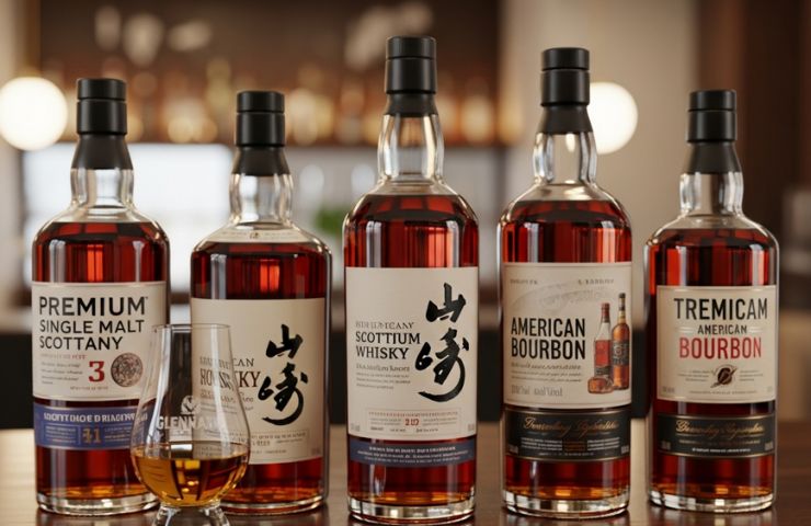 A sophisticated collection of various premium whisky bottles and a tasting glass on a dark wood bar, representing a complete guide to whisky in Malaysia.