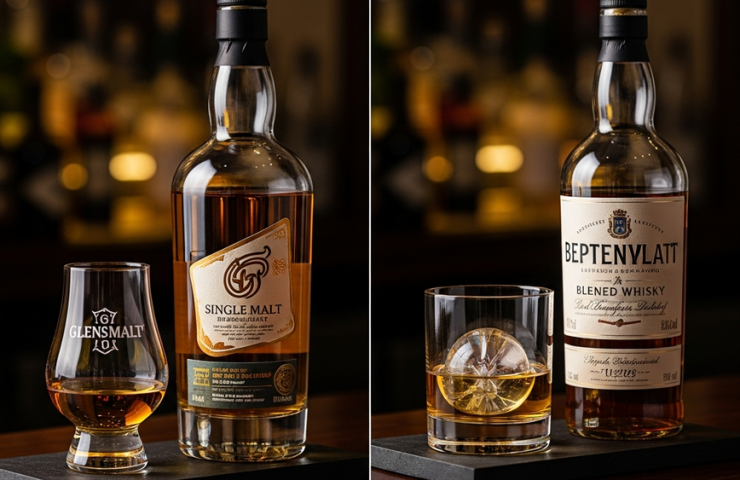 A side-by-side comparison of a single malt whisky bottle and a blended whisky bottle on a bar, illustrating the difference for a Malaysian buyer's guide.