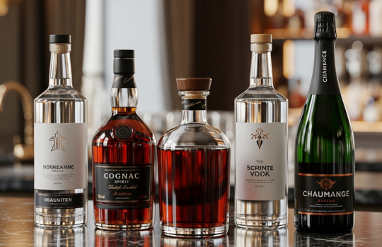 A sophisticated lineup of various premium spirits including whisky and cognac on a dark marble bar, representing a pricing guide for the Malaysian market.