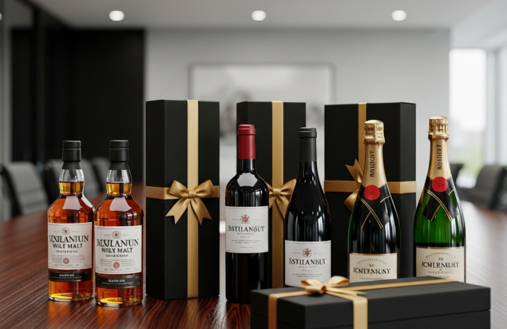 A sophisticated arrangement of premium corporate alcohol gifts, including whisky and wine bottles in elegant gift boxes, on a modern boardroom table for a Malaysian corporate gifting guide.