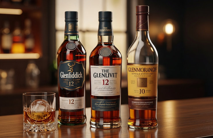 An elegant arrangement of Glenfiddich 12, Glenlivet 12, and Glenmorangie 10 single malt whiskies on a wooden bar, representing the best entry-level options under RM300 for beginners.