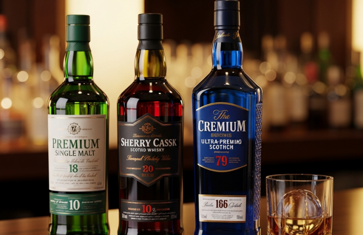 An elegant lineup of three premium whisky bottles representing different budget levels, arranged on a dark wooden bar for a Malaysian whisky gift guide.