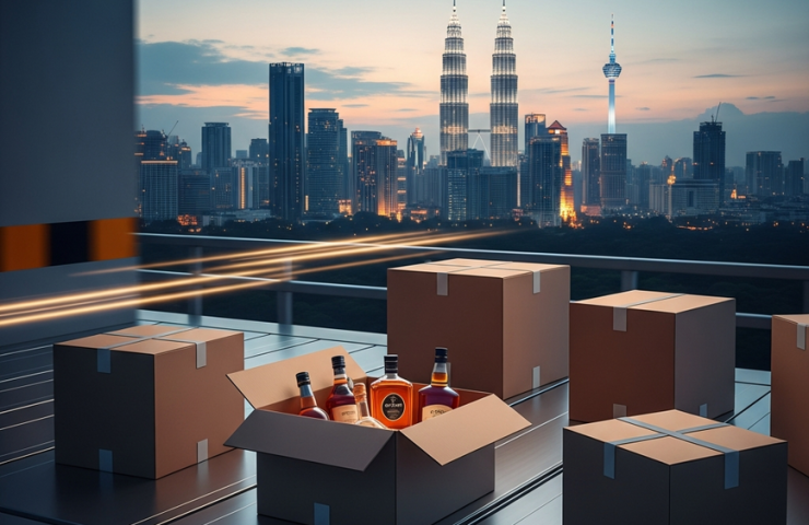 Professionally packed boxes of premium liquor ready for emergency same-day delivery, with the Kuala Lumpur city skyline at dusk in the background, representing urgent alcohol delivery in the Klang Valley.