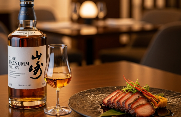 An elegant arrangement showcasing a premium Japanese whisky bottle and tasting glass paired with a gourmet plate of Malaysian Char Siu Pork on a dark wooden table.