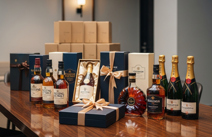 A professional setup of premium spirits, including whisky and cognac, arranged with gift boxes for a corporate event in Malaysia, illustrating the theme of bulk liquor orders and pricing.