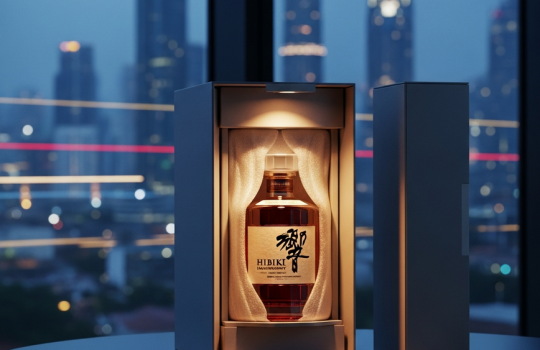 A premium Japanese whisky bottle in a secure delivery box, poised for same-day delivery with a blurred Kuala Lumpur city skyline at dusk in the background.