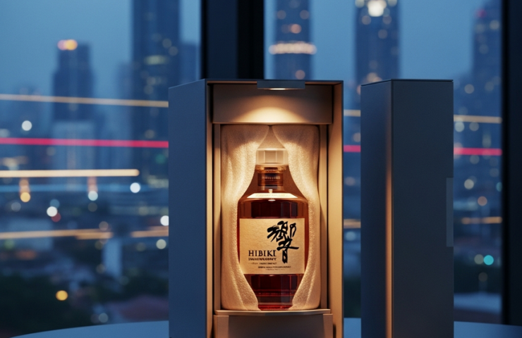 A premium Japanese whisky bottle in a secure delivery box, poised for same-day delivery with a blurred Kuala Lumpur city skyline at dusk in the background.
