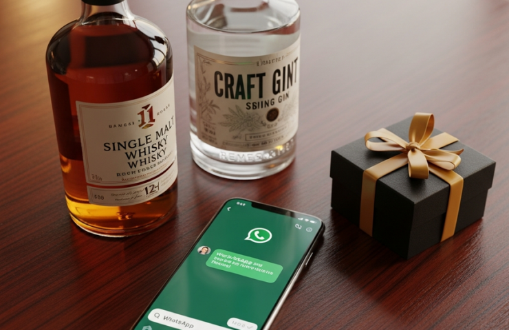 A smartphone showing the WhatsApp app, surrounded by premium liquor bottles and a gift box, illustrating the convenience of ordering spirits online in Malaysia.
