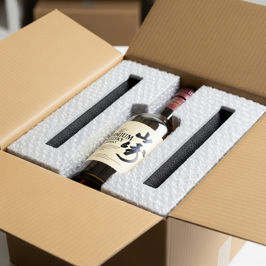 To visually represent the importance of professional packaging for safe delivery of Japanese whisky in Malaysia's tropical climate, reinforcing the article's points on authenticity and proper handling.