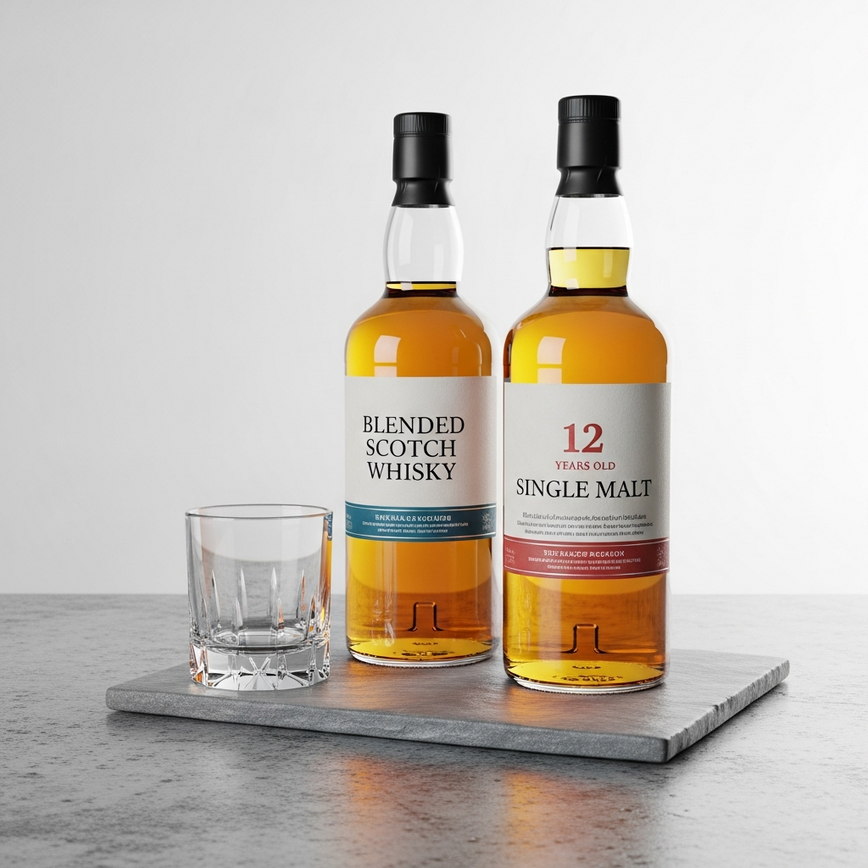 To visually represent the 'Entry-Level Scotch Whisky Prices (RM150-350)' category, showcasing approachable and popular styles like blended Scotch and young single malts.