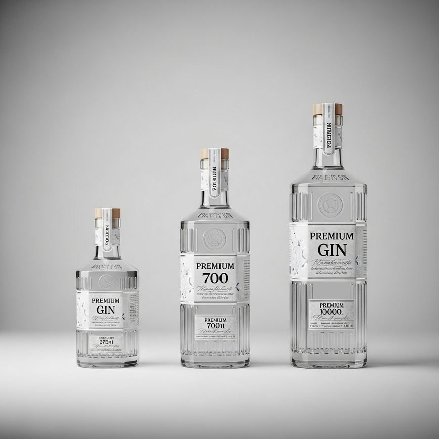 To visually compare different gin bottle sizes (375ml, 700ml, 1000ml) to illustrate the article's section on value analysis and bulk savings.
