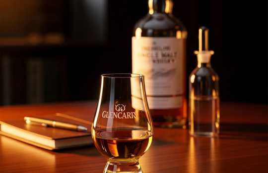 A professional Scotch whisky tasting setup featuring a Glencairn glass with amber whisky, a bottle, a water pipette, and a notebook on a dark wood surface.