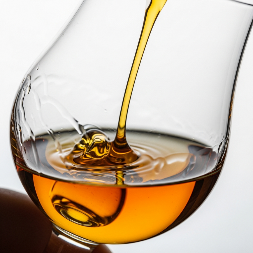 A close-up, detailed image illustrating the 'legs' or 'tears' of a whisky, corresponding to Step 1 of the tasting process.