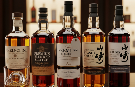 A lineup of various premium whisky bottles on a dark wood bar, representing the different price points available in the Malaysian market for a whisky price guide.