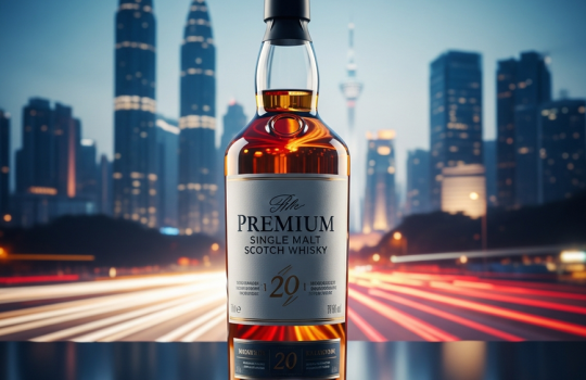 A premium bottle of Scotch whisky symbolizing fast, same-day delivery, set against a dynamic, blurred city background of the Klang Valley at dusk.