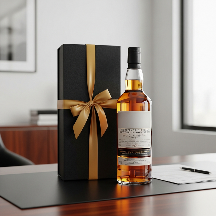 To illustrate the 'Last-Minute Corporate Gifts' scenario, showcasing a premium Scotch whisky prepared for a professional gift presentation.