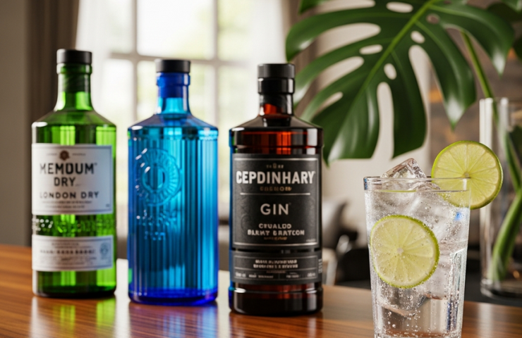A sophisticated arrangement of various premium gin bottles on a wooden bar, with a refreshing Gin and Tonic cocktail in the foreground, perfect for a guide to gin in Malaysia.