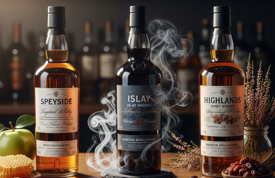A lineup of three distinct single malt Scotch whisky bottles representing Speyside, Islay, and the Highlands, each with visual cues for their flavor profiles like fruit, smoke, and heather.