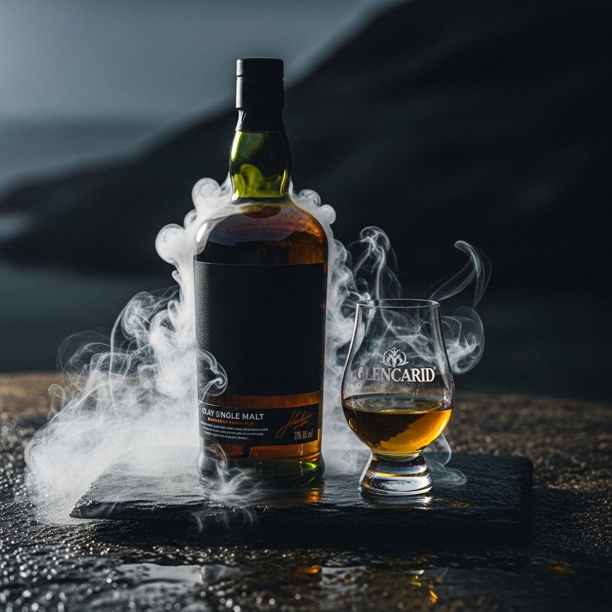 To capture the intense, smoky, peated, and maritime character of Islay whisky in a visually dramatic way.