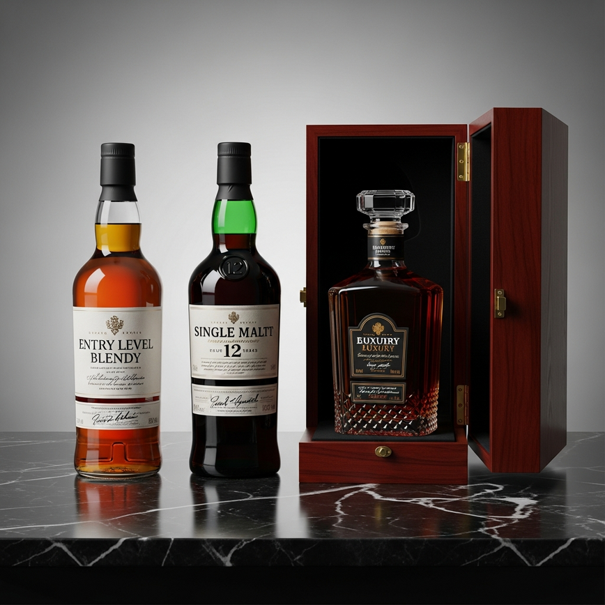 To visually represent the three main whisky price tiers discussed in the article: Entry-level, Premium, and Luxury, helping readers understand the difference in bottle presentation and value.