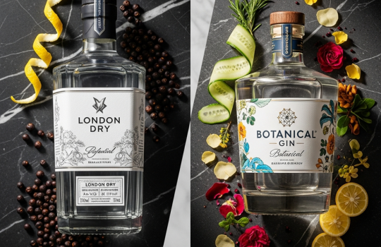 A visual comparison of London Dry and Botanical gin, with a classic juniper-forward gin bottle on the left and a modern gin bottle with diverse botanicals on the right.