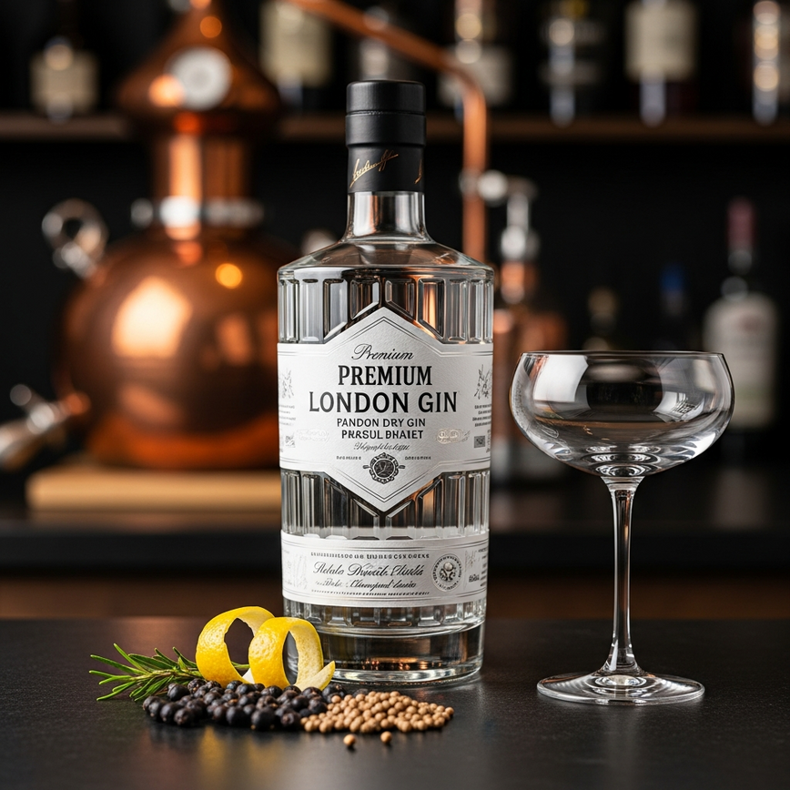 To illustrate the defining characteristics of London Dry gin, focusing on its core botanicals and the traditional copper still distillation process.