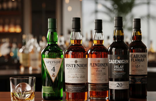 A premium collection of various Scotch whisky bottles elegantly arranged on a dark wood bar, representing the top brands available in Malaysia for 2026.