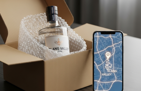 A premium gin bottle in a delivery box next to a smartphone showing a map of Klang Valley, illustrating same-day gin delivery service in Malaysia.