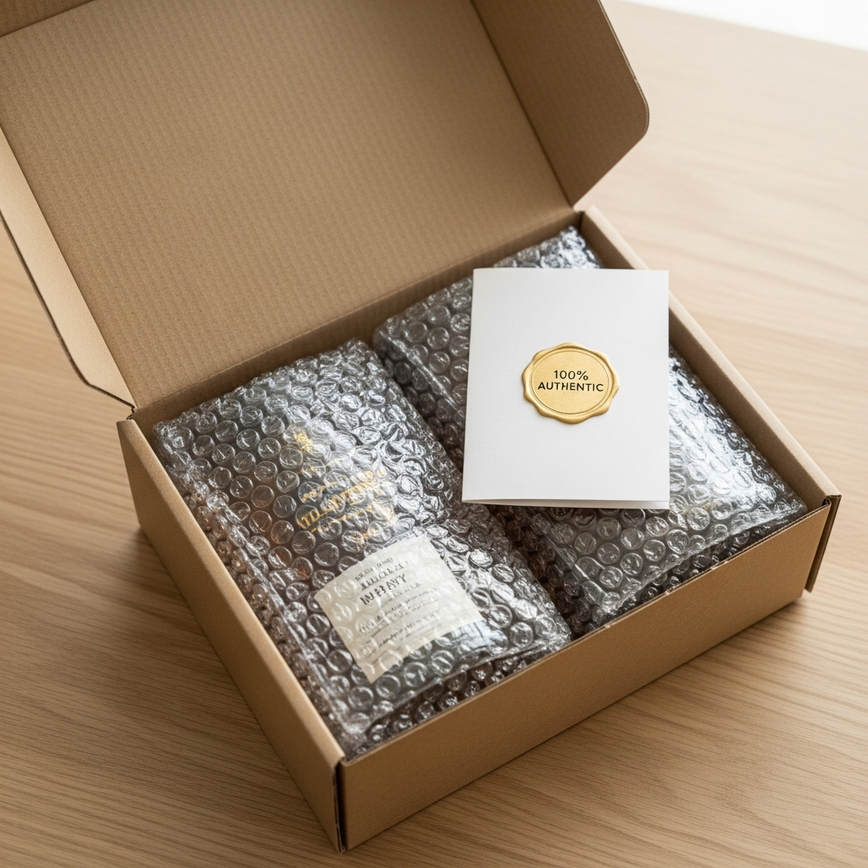 To illustrate the safety, authenticity, and convenience of buying whisky online, highlighting the professional packaging and guarantee of a genuine product.