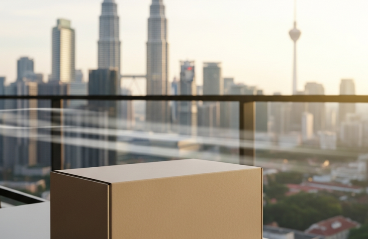 A premium liquor delivery box on a balcony table with a blurred background of the Kuala Lumpur skyline, representing same-day alcohol delivery in the Klang Valley.