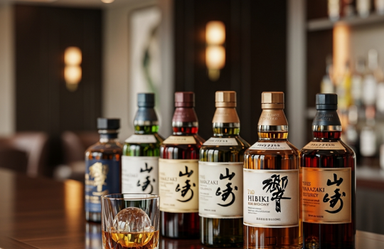 A premium collection of iconic Japanese whisky bottles, including Yamazaki and Hibiki styles, elegantly displayed on a dark wooden bar for a guide to buying in Malaysia.