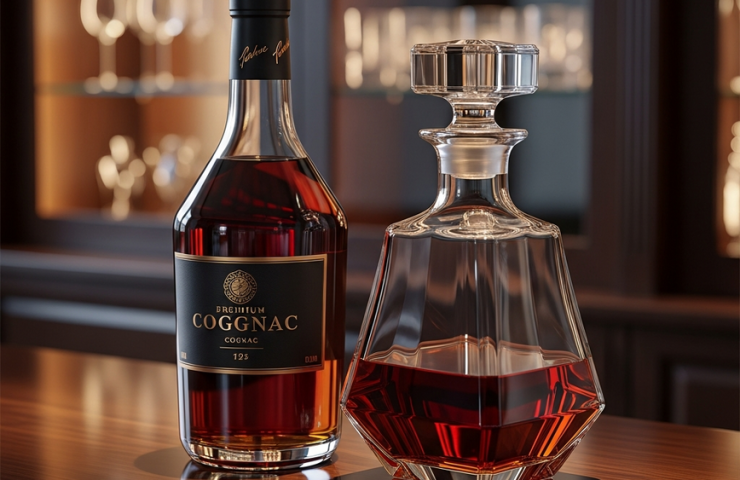A premium Cognac bottle and a classic brandy decanter displayed side-by-side on a dark wooden bar, illustrating the difference for a Malaysian consumer guide.