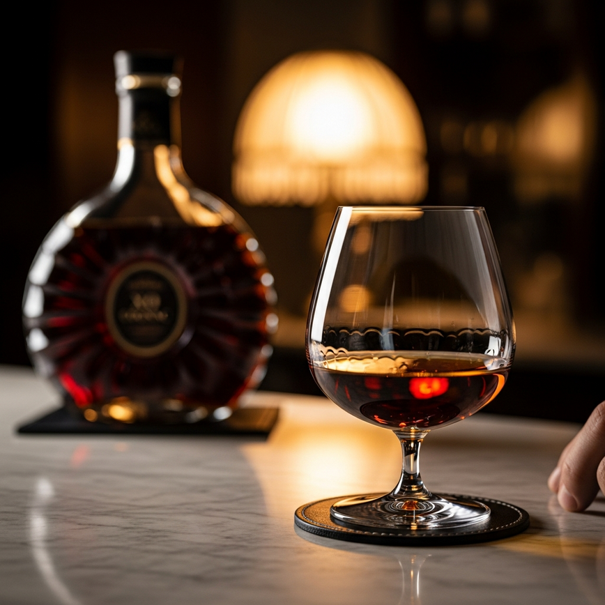 To illustrate the recommended way of serving and tasting premium Cognac, neat in a snifter glass, as described in the article.