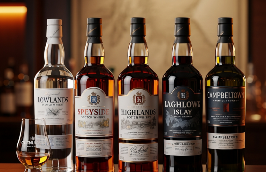 A premium lineup of five distinct Scotch whisky bottles representing the regions of Scotland, displayed on a dark wood bar for a Malaysian whisky guide.