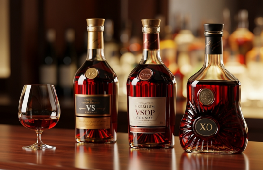 A luxurious lineup of three premium cognac bottles representing VS, VSOP, and XO tiers, arranged on a dark wood bar for a Malaysian cognac buying guide.