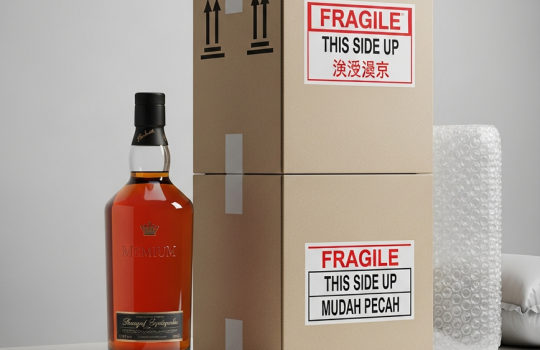 A premium whisky bottle displayed next to a professionally packed and labeled shipping box, illustrating Mr. Chow's secure liquor delivery standards in Malaysia.