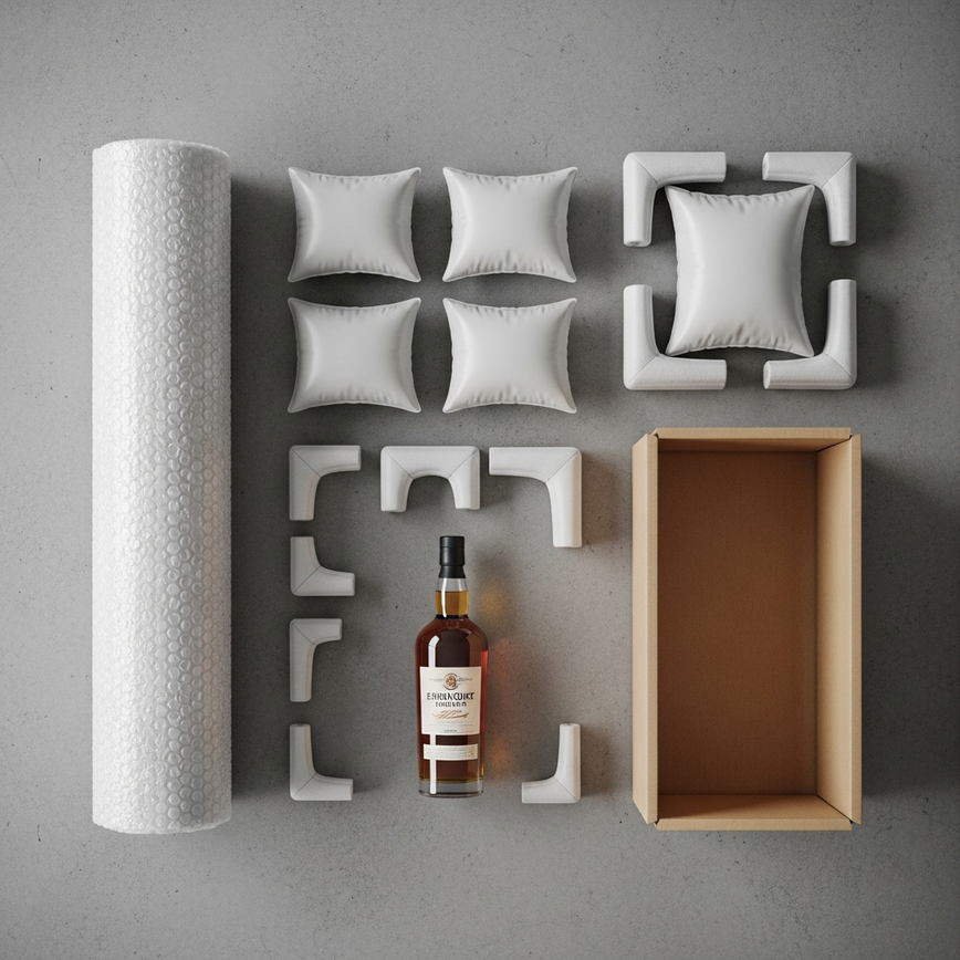 To visually break down the multi-step packaging process, showing all the protective materials used for a single bottle in an organized, clear flat lay composition.