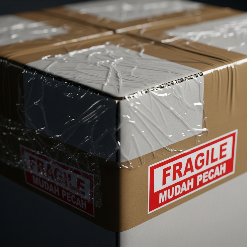 A close-up shot focusing on the external protection and clear labeling, emphasizing the final steps of securing the package for transit in Malaysia.