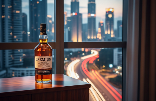 A premium bottle of whisky on a table with a blurred background of a city at dusk, symbolizing fast same-day liquor delivery in an urban area like Klang Valley.