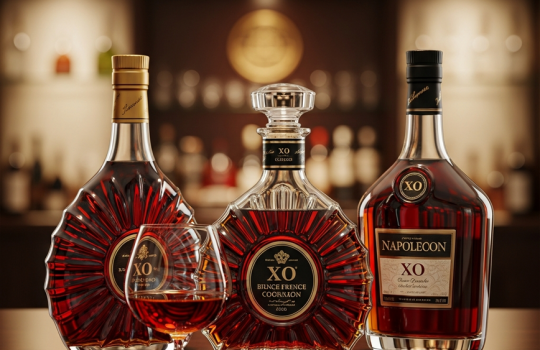 A luxurious arrangement of three different premium XO brandy and cognac bottles with a crystal snifter on a dark wood bar, representing a price guide for Malaysia.