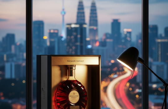 A premium cognac gift box on an executive desk, with the blurred lights of the Kuala Lumpur skyline at dusk symbolizing fast, same-day emergency delivery in Klang Valley.