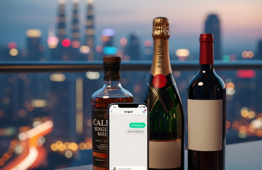A smartphone with a messaging app open next to premium whisky and champagne bottles, set against a blurred Kuala Lumpur skyline at dusk, representing emergency alcohol delivery in Malaysia.