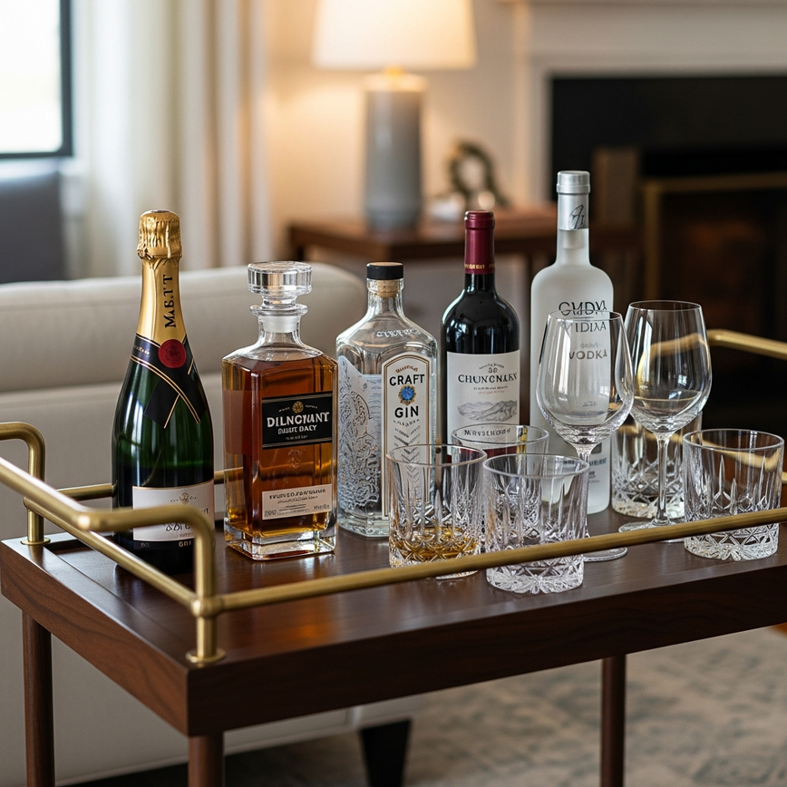 To visually represent the concept of a well-stocked 'Emergency Liquor Kit' for hosts who want to be prepared for any spontaneous celebration.