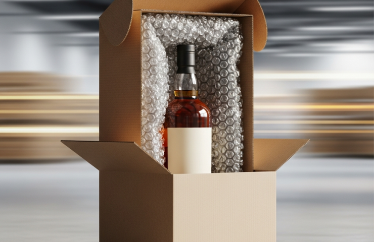 A premium whisky bottle securely packed in a box with bubble wrap, symbolizing the fast and safe same-day liquor delivery service in Klang Valley, Malaysia.