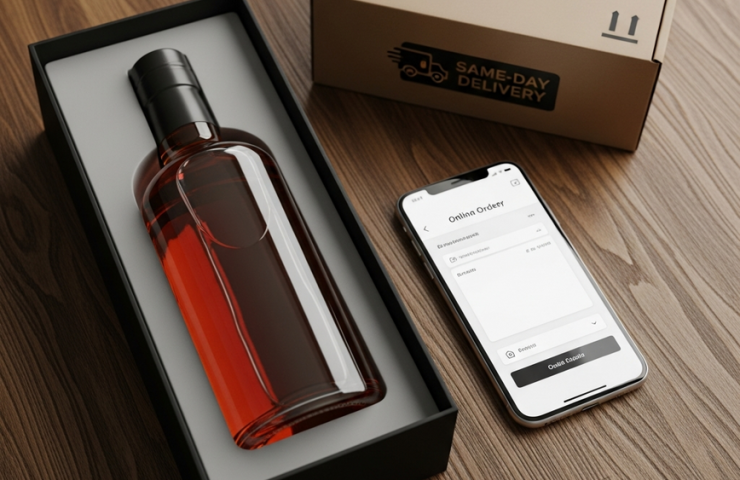 A premium liquor bottle in a gift box next to a smartphone, symbolizing the ease of ordering liquor online in Malaysia for same-day gift delivery.