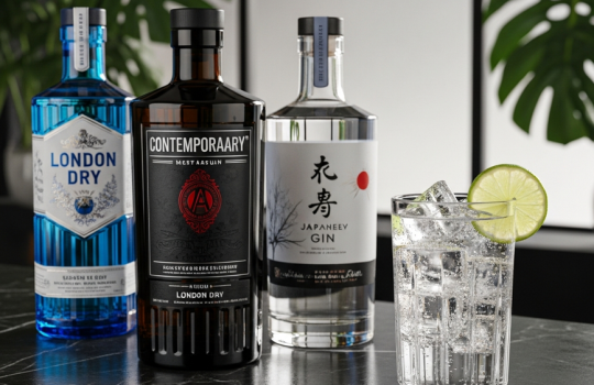 A sophisticated arrangement of three different premium gin bottles and a refreshing gin and tonic cocktail on a marble bar, representing a complete gin buying guide for Malaysia.